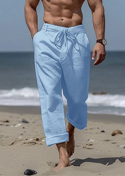 Khaki Pants Simple Summer Cotton Elastic Mens Pockets Waist Solid