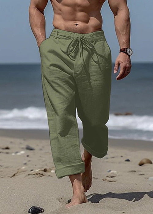 Khaki Pants Simple Summer Cotton Elastic Mens Pockets Waist Solid
