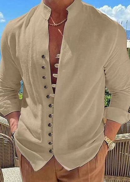 Simple Khaki Fall Cotton Button Solid Men's Shirts Collar Stand