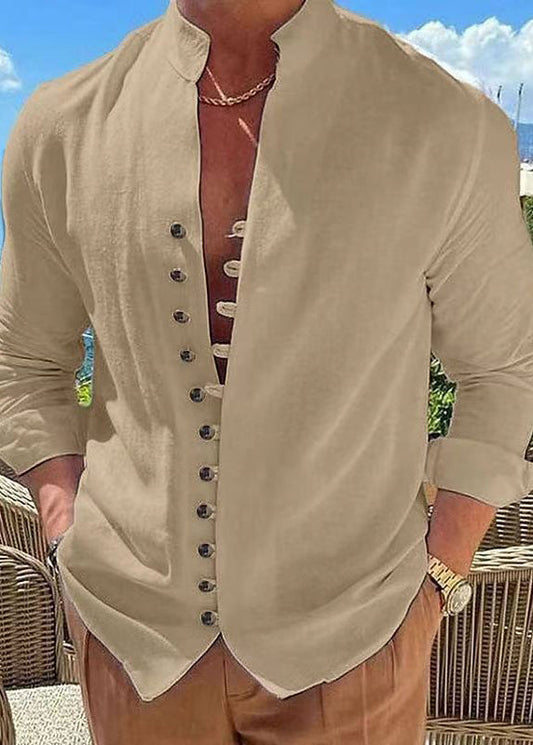 Simple Khaki Fall Cotton Button Solid Men's Shirts Collar Stand