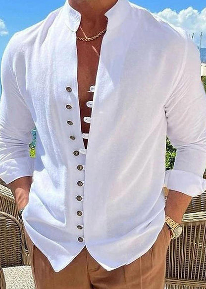 Simple Khaki Fall Cotton Button Solid Men's Shirts Collar Stand