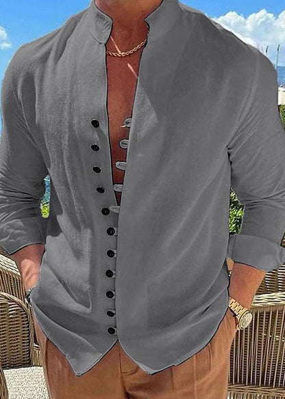 Simple Khaki Fall Cotton Button Solid Men's Shirts Collar Stand