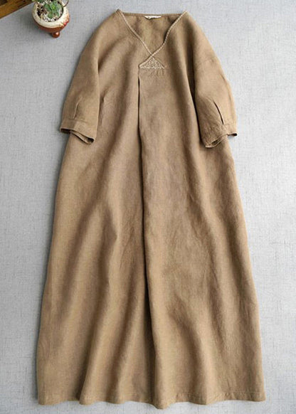 Simple Khaki V Neck Pockets Linen Long Dress Summer GH1074