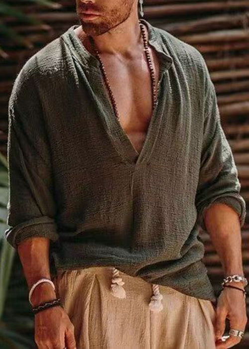 Shirts Simple Loose Khaki V Neck Fall Solid Mens Linen