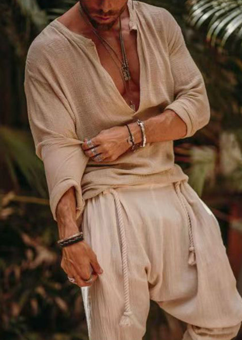Shirts Simple Loose Khaki V Neck Fall Solid Mens Linen