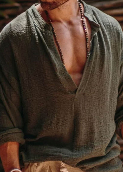 Shirts Simple Loose Khaki V Neck Fall Solid Mens Linen