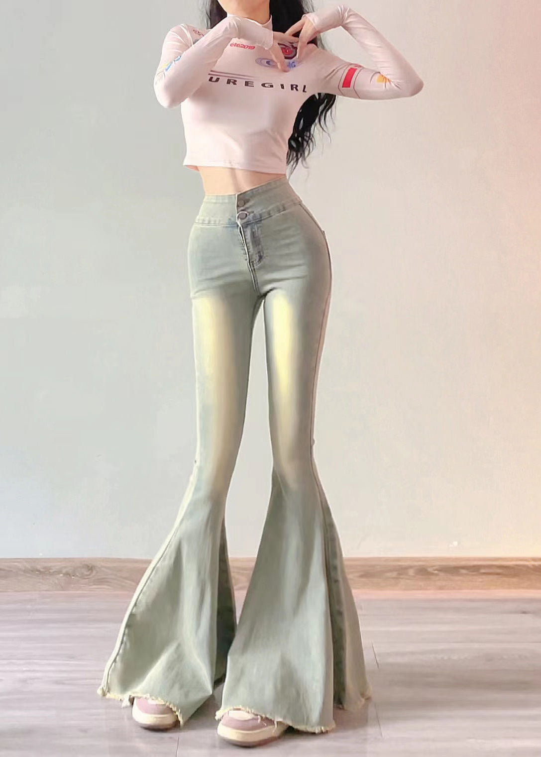 Simple Light Blue High Waist Butt Scrunch Denim Bell-bottom Trousers Spring YP042