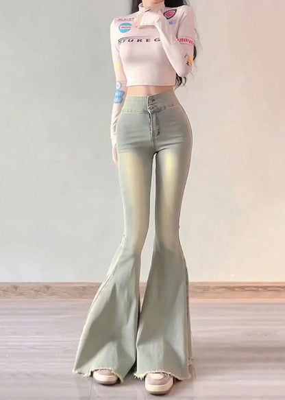 Simple Light Blue High Waist Butt Scrunch Denim Bell-bottom Trousers Spring YP042