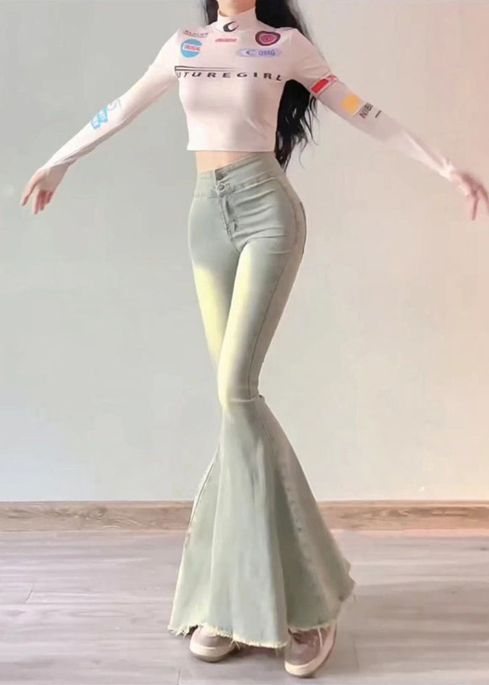 Simple Light Blue High Waist Butt Scrunch Denim Bell-bottom Trousers Spring YP042