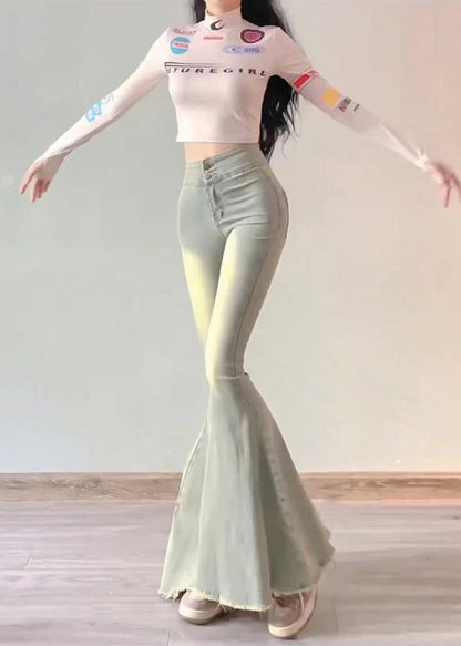 Simple Light Blue High Waist Butt Scrunch Denim Bell-bottom Trousers Spring YP042