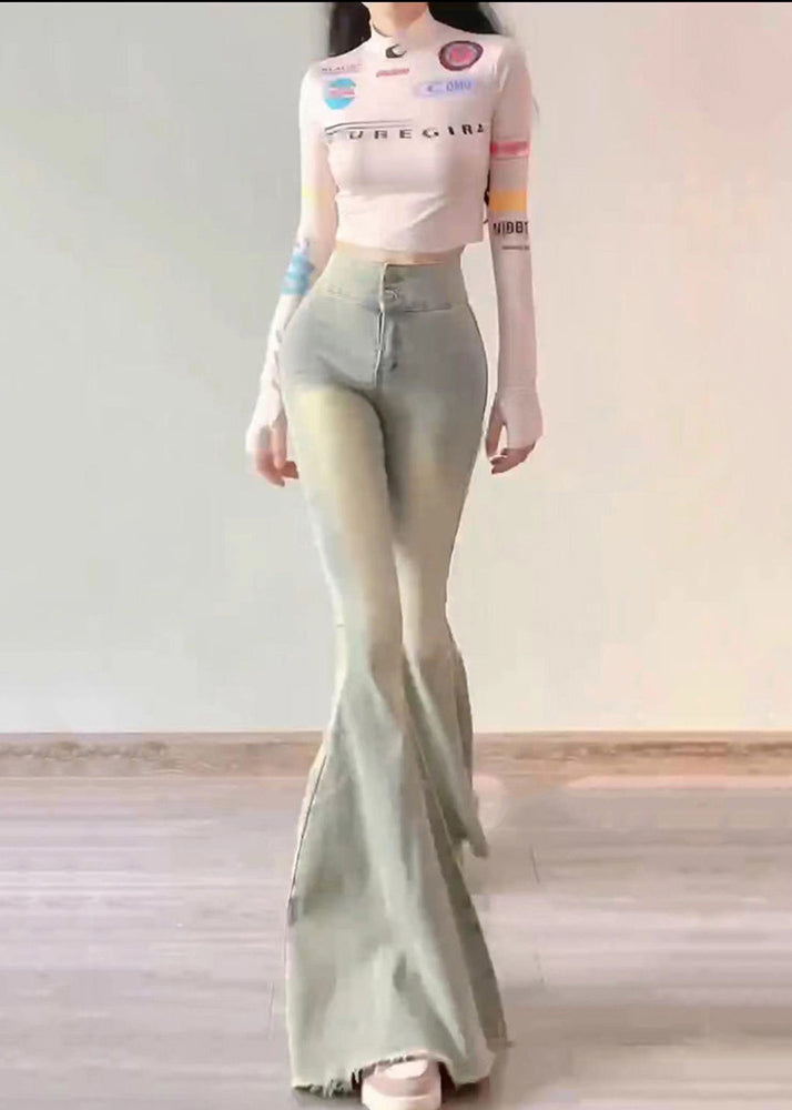 Simple Light Blue High Waist Butt Scrunch Denim Bell-bottom Trousers Spring YP042