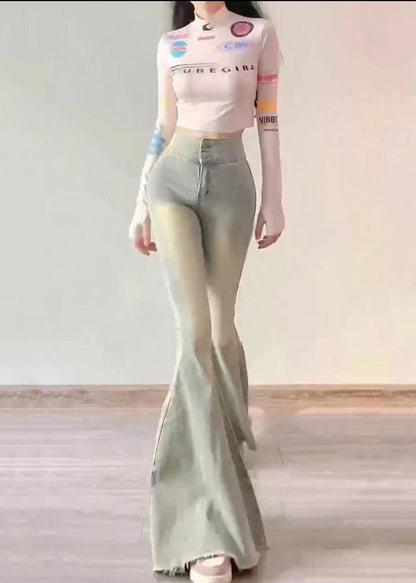 Simple Light Blue High Waist Butt Scrunch Denim Bell-bottom Trousers Spring YP042