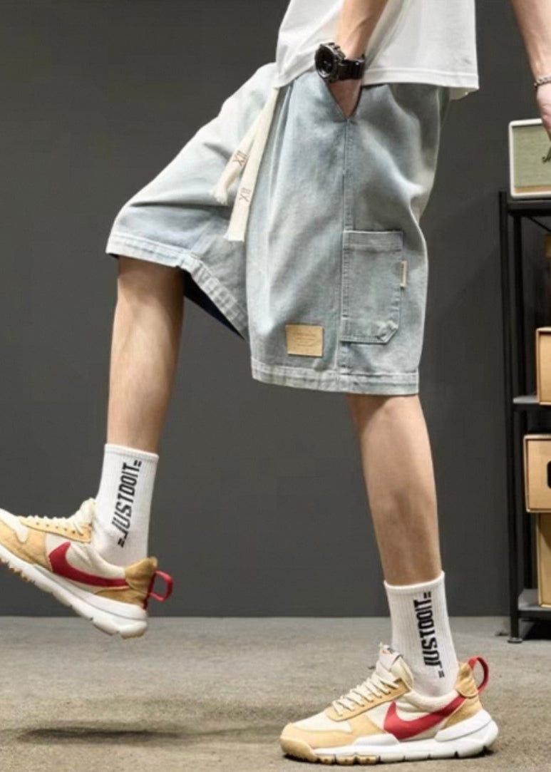 Simple Light Blue Lace Up Elastic Waist Denim Men Shorts Summer YL025