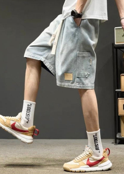 Simple Light Blue Lace Up Elastic Waist Denim Men Shorts Summer YL025