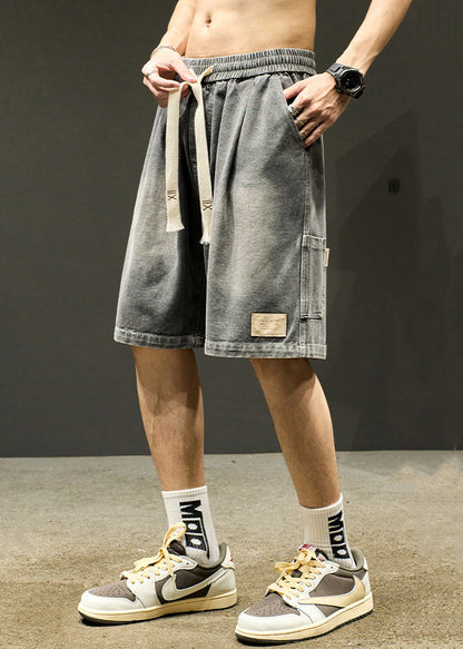 Simple Light Blue Lace Up Elastic Waist Denim Men Shorts Summer YL025