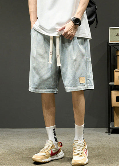 Simple Light Blue Lace Up Elastic Waist Denim Men Shorts Summer YL025