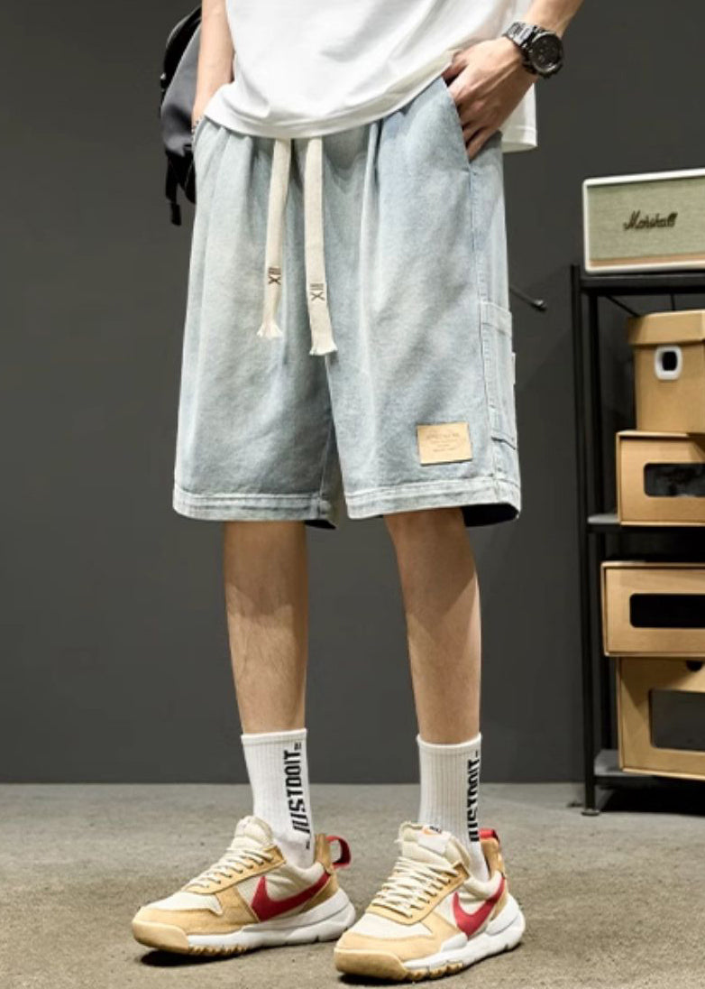 Simple Light Blue Lace Up Elastic Waist Denim Men Shorts Summer YL025
