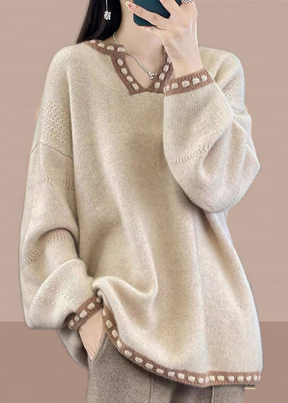 Simple Light Camel V Neck Patchwork Knit Sweaters Spring YY041