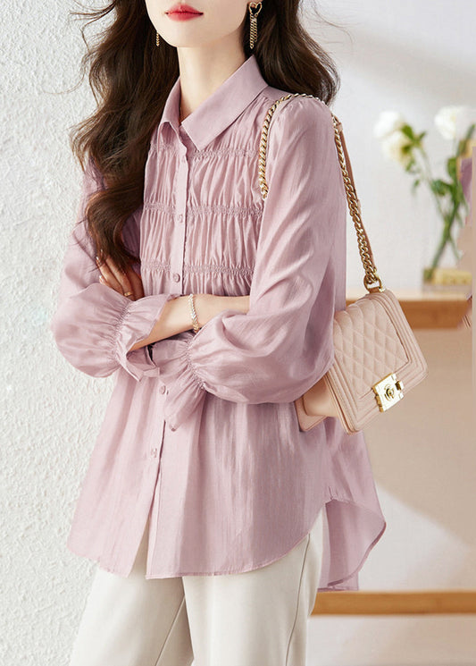 Simple Light Purple Peter Pan Collar Wrinkled Patchwork Button Silk Shirts Long Sleeve WW006