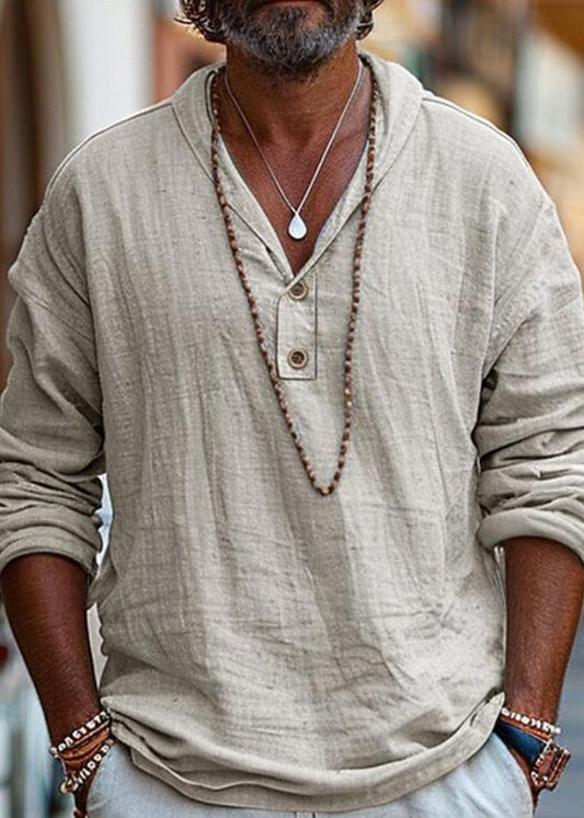 T Solid Cotton Men Simple Button Oversized Shirts Linen Fall