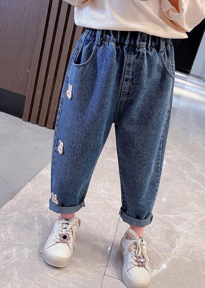 Simple Navy Patchwork Elastic Waist Girls Dnim Pants TV014