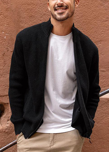 Up Zip Spring Knit Pockets Cardigan Men Navy Simple