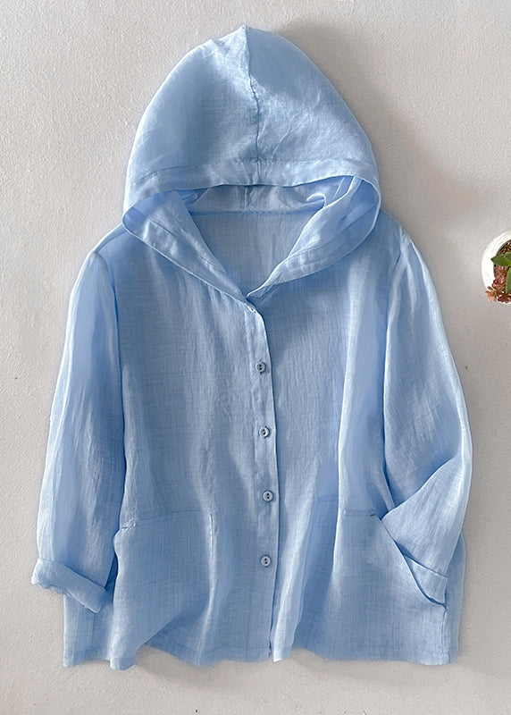 Fall Pockets Pink Simple Button Cotton Hooded Shirt