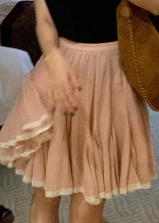 Summer Skirt Pink Lace Simple A Line Patchwork