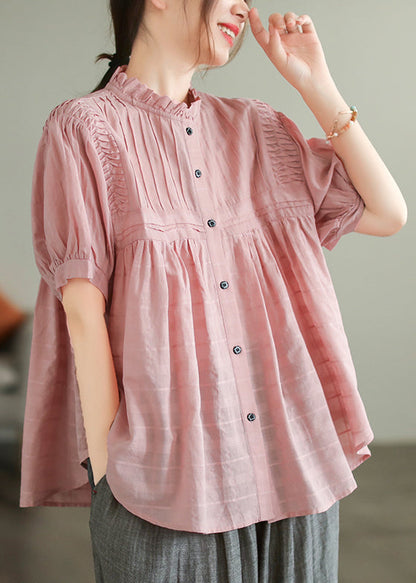 Top Oversized Blouse Simple Pink Summer Wrinkled Cotton