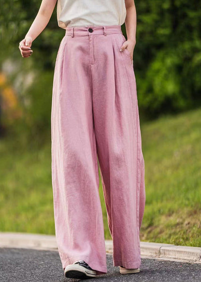 Waist Straight Pink Pants Summer Pockets High Linen Simple