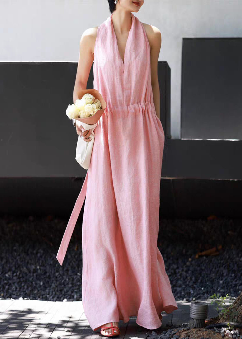 Long Waist Tie Pockets Dresses Simple Linen Pink Sleeveless