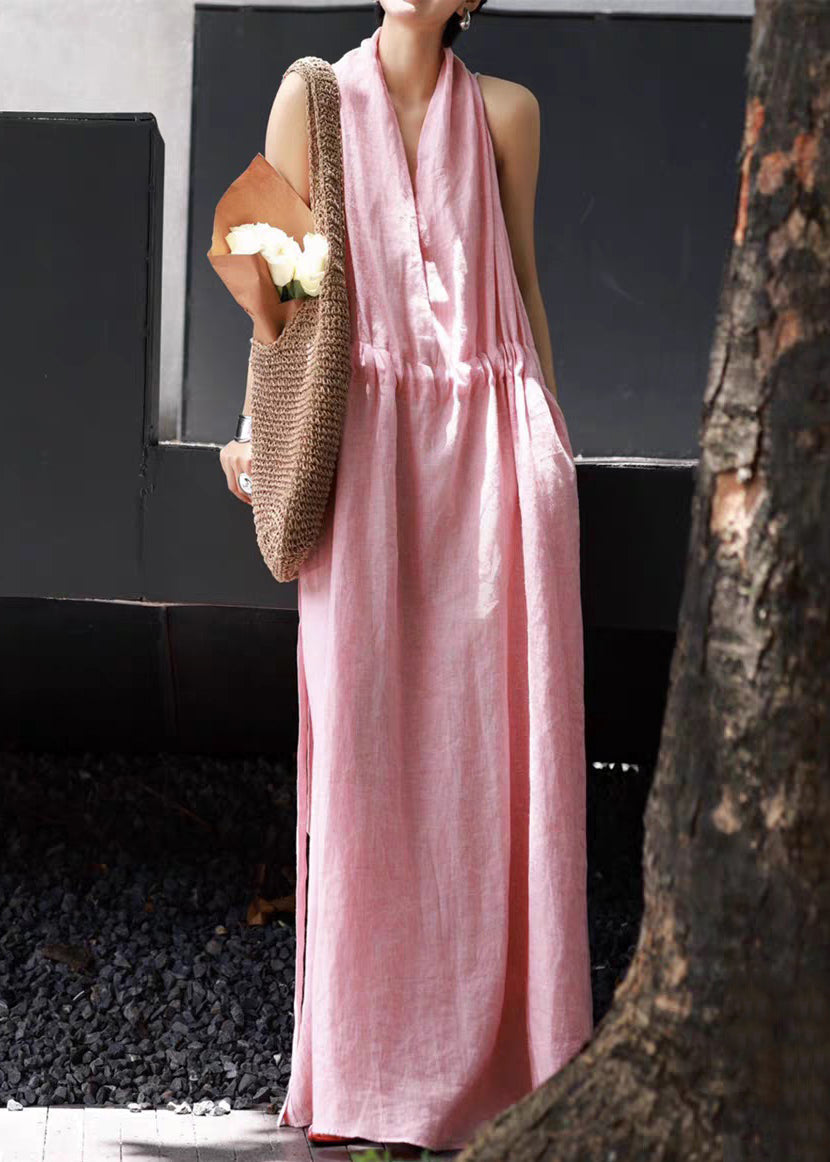 Long Waist Tie Pockets Dresses Simple Linen Pink Sleeveless