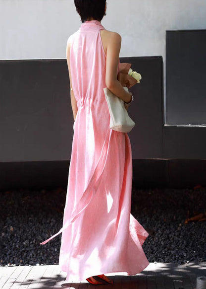 Long Waist Tie Pockets Dresses Simple Linen Pink Sleeveless