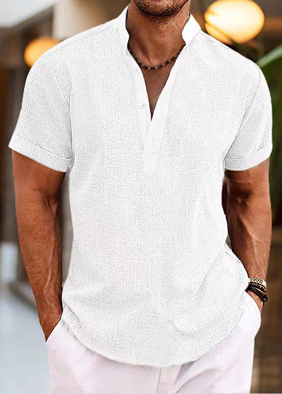 Simple Mens Cotton Shirt Collar Stand Pink Button Summer