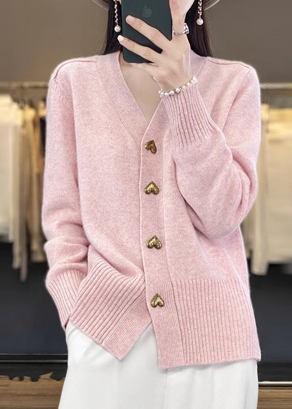 Pink Cozy Neck Coat Spring Button Simple Knit V