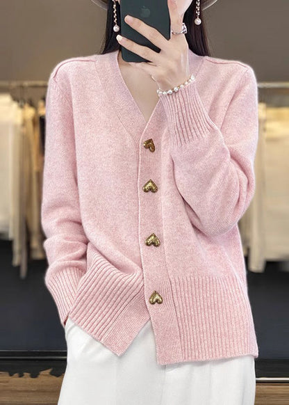 Pink Cozy Neck Coat Spring Button Simple Knit V