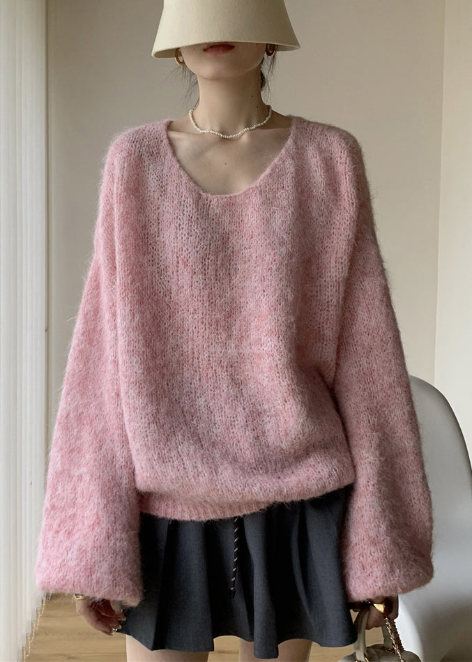 Pull en tricot de coton confortable à col en V rose simple hiver WY021