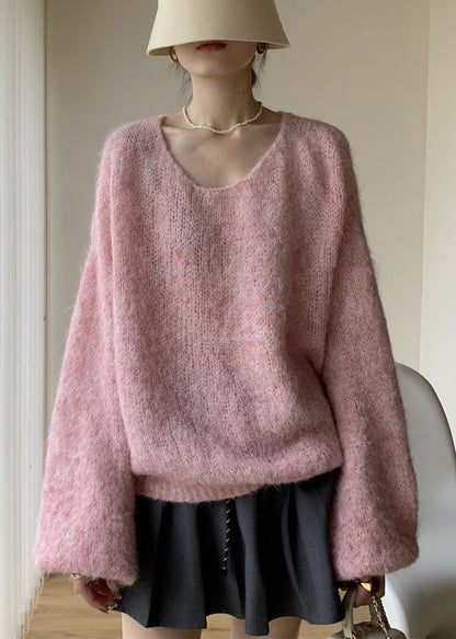 Pull en tricot de coton confortable à col en V rose simple hiver WY021