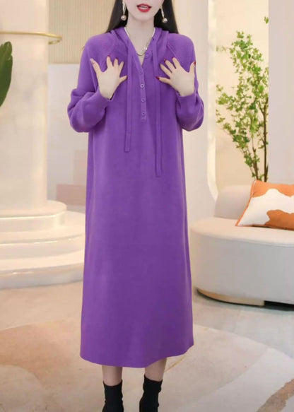 Simple Purple Hooded Button Solid Knit Sweater Dress Winter WM023