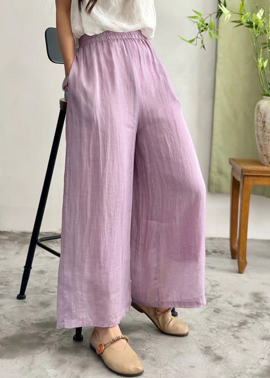 Pantalon large en lin à taille élastique avec poches violettes simples pour l'été JH035