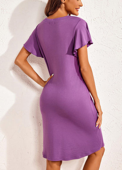 Cotton Purple Button V Summer Dress Pajamas Simple Neck