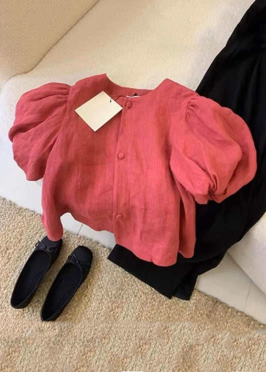 Simple Red Button O-Neck Patchwork Cotton Shirts Puff Sleeve AL1029