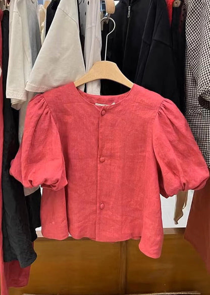 Simple Red Button O-Neck Patchwork Cotton Shirts Puff Sleeve AL1029