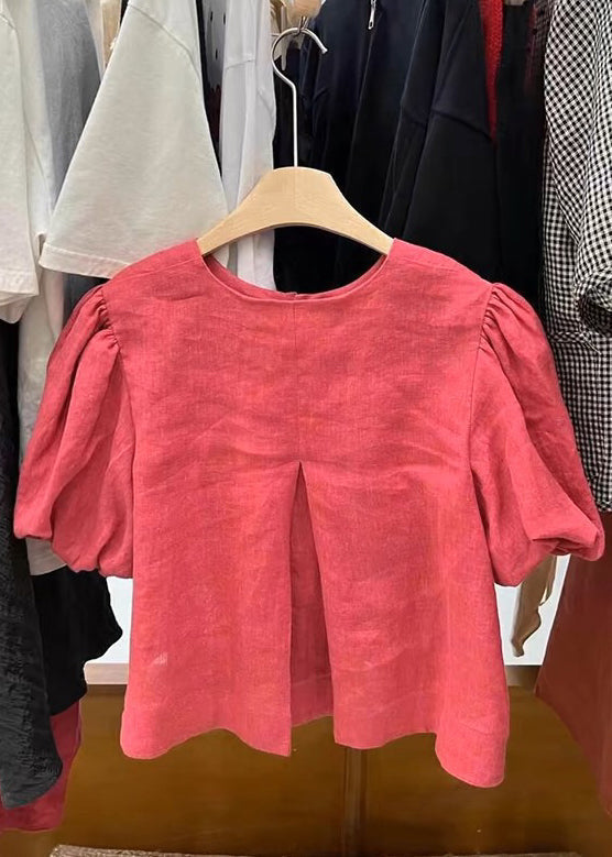 Simple Red Button O-Neck Patchwork Cotton Shirts Puff Sleeve AL1029