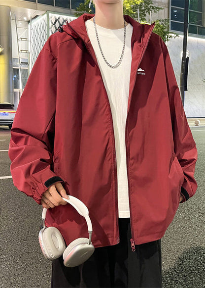 Coats Mens Simple Solid Red Zippered Hooded Cotton Spring