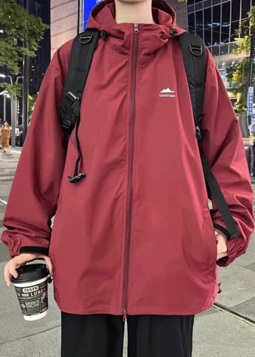 Coats Mens Simple Solid Red Zippered Hooded Cotton Spring