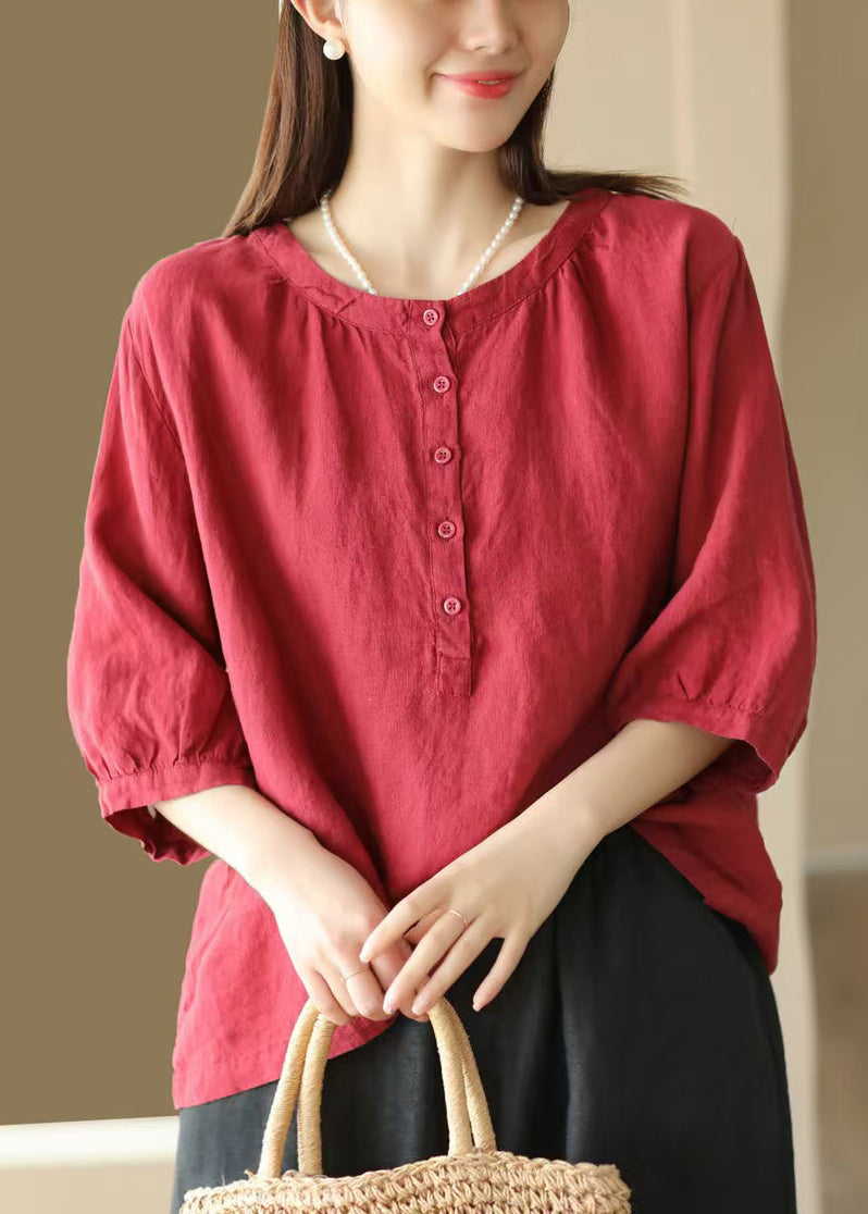 Red Simple Sleeve Bracelet Cotton Button Shirts O Neck