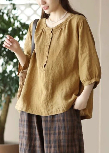 Red Simple Sleeve Bracelet Cotton Button Shirts O Neck