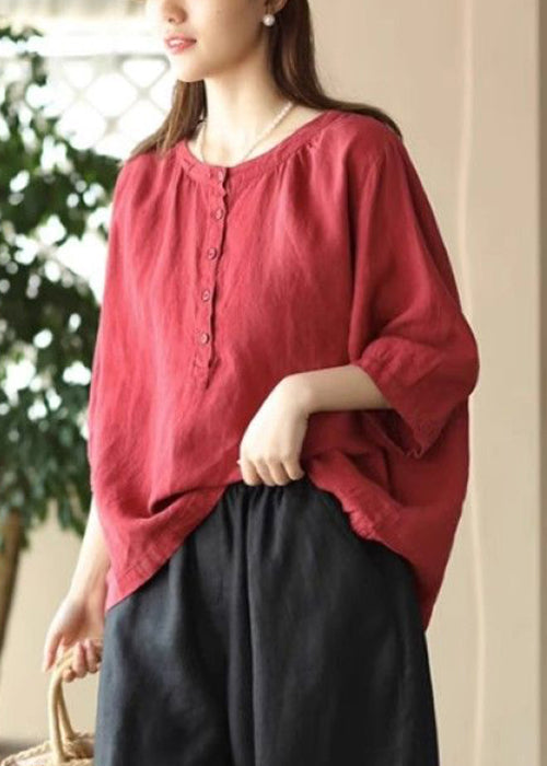 Red Simple Sleeve Bracelet Cotton Button Shirts O Neck