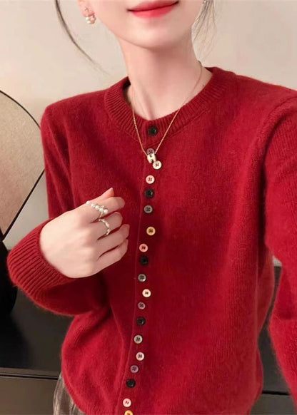 Simple Red O Neck Button Solid Woolen Coats Spring TF025